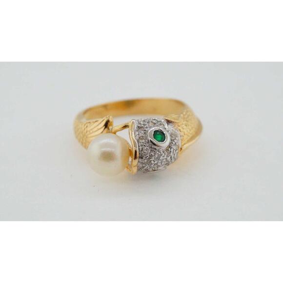 18k Estate Fine Jewelry Ring with Pearl and Emerald - SI1 H - Size 6.5